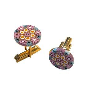 Millefiori Mini Mosaic Pink Flower Cufflinks Made Italy Murano